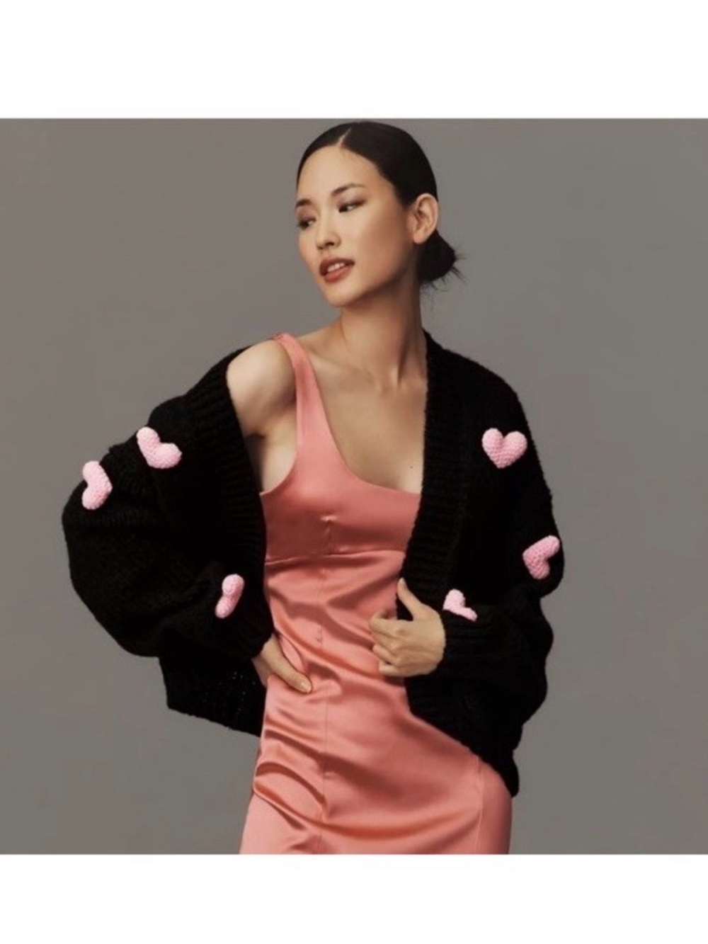 Maeve Black Chunky Cardigan with Pink Heart Accents